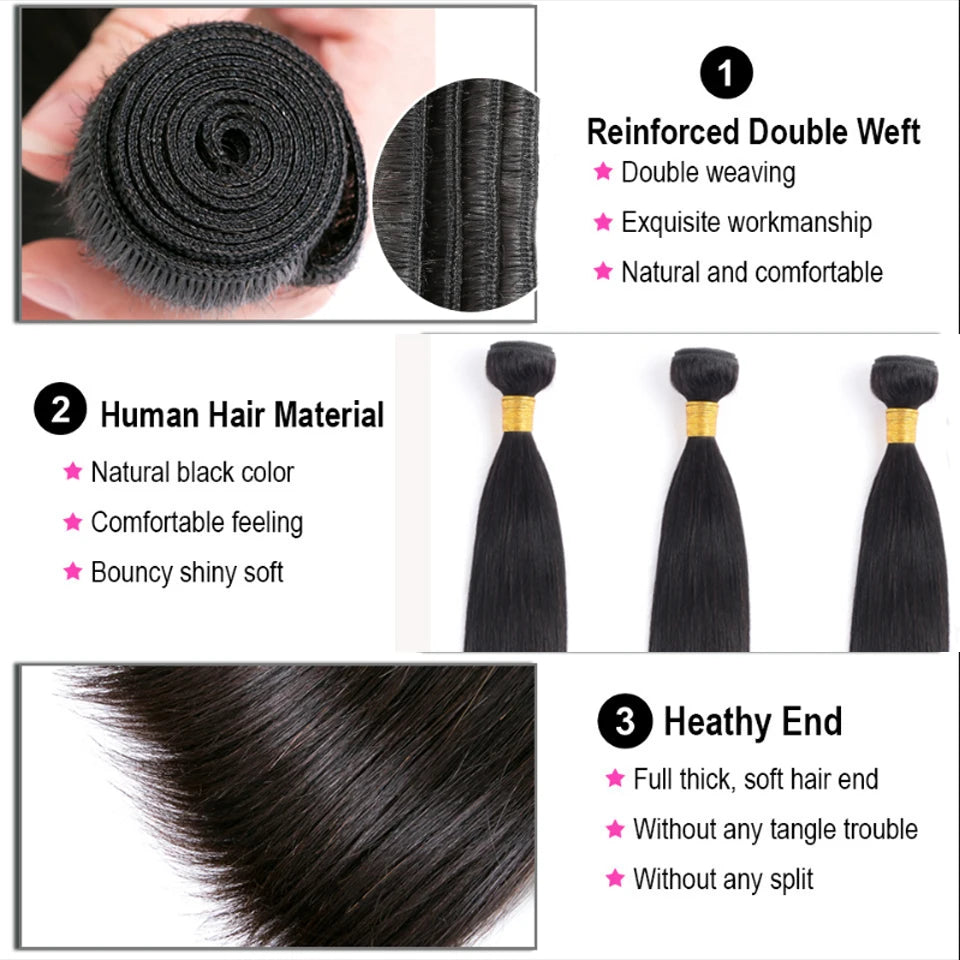 Raw Indian Bone Straight Bundles with HD Transparent Lace Closure 5x5 6x6 Frontal And Bundles 30 40 Inche Human Hair Double Weft