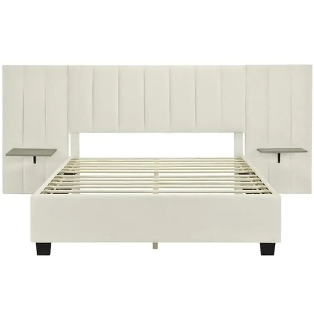 Queen Size Upholstered Platform Bed Velvet Fabric Big Headboard Wooden Frame Bedroom Storage Slat Support No Box Spring Needed