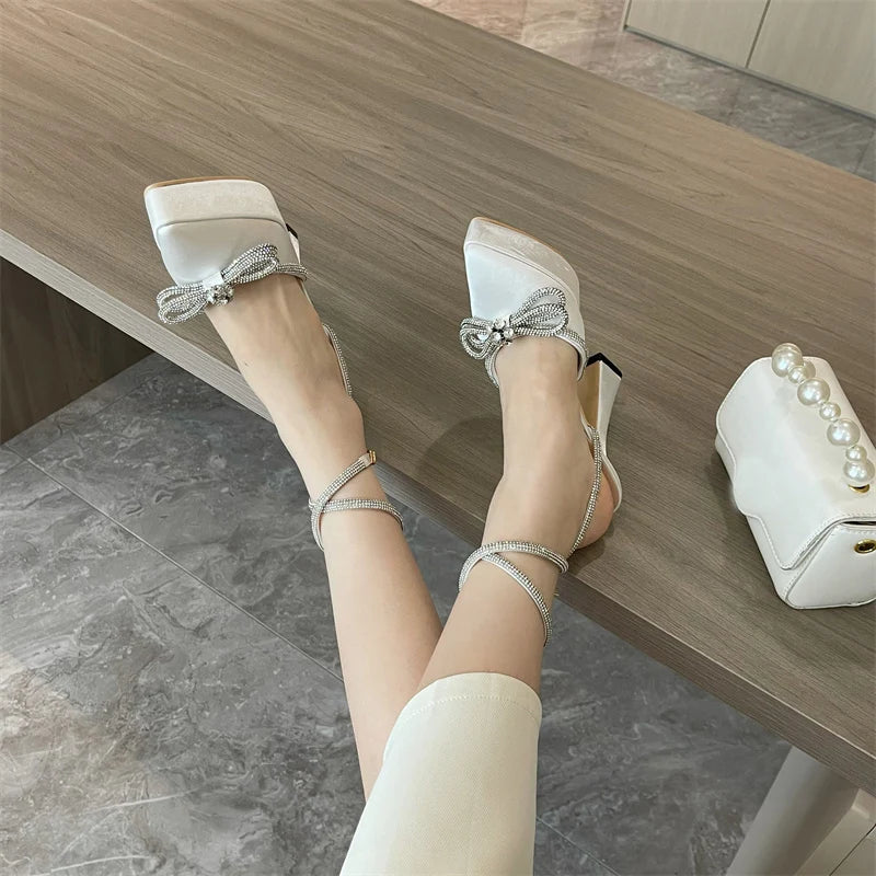 Hlieny 2025 Spring Autumn Women Pumps Fashion Platform Pointed Toe Butterfly-Knot Crystal Party Shoes Ankle Buckle Strap Sandals