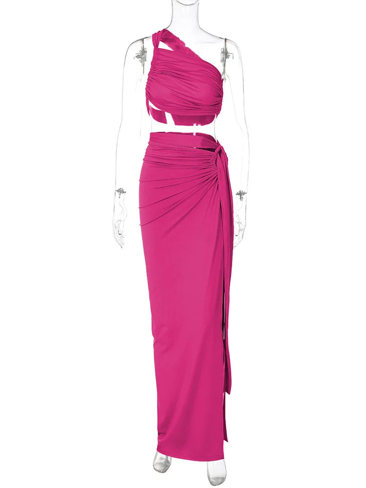 Ladies Spring 2 Pieces Sleeveless Backless Strap Spit Crop Top Side Slit Slim Fit Maxi Skirt Set Women Evening Party Clubwear