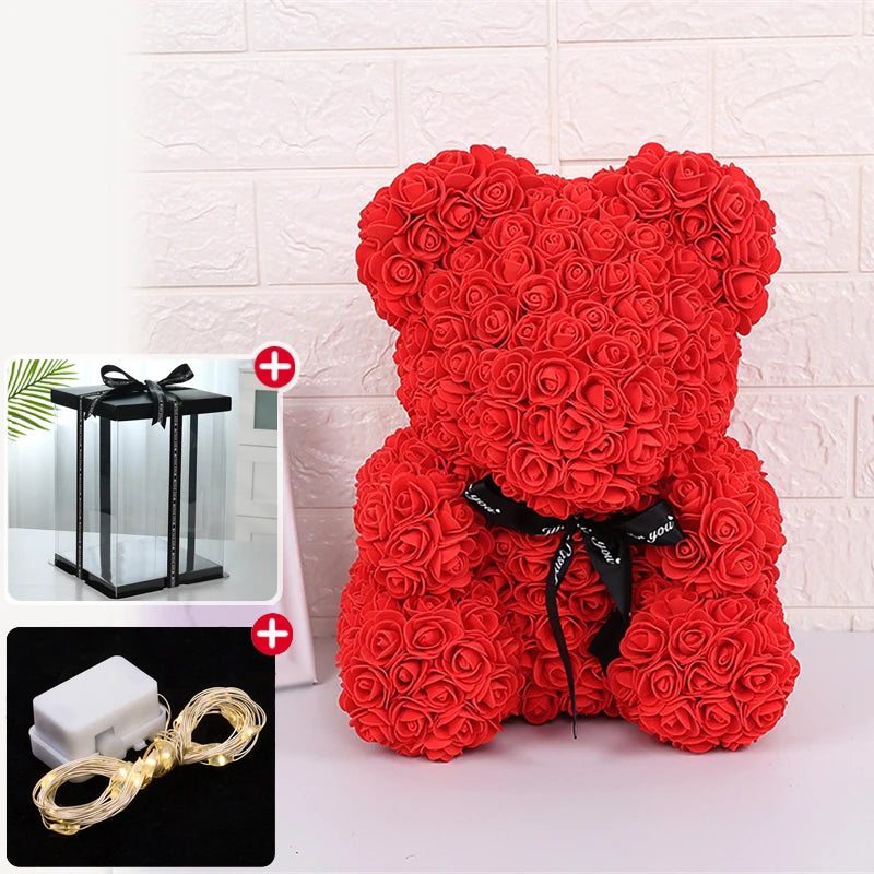 Valentine Gifts Decoration Rose Bear Artificial Flower With Box Lights Teddy Bear For Women Girlfriend Birthday Gift Love Flower
