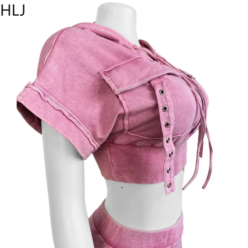 HLJ&GG Fashion Pocket Cargo Hooded Two Piece Sets Women Zip Slim Crop Top And Mini Skirts Outfits Female Washed 2pcs Streetwear