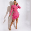 Sexy Pearls Rhinestone Party Dresses Women Elegance Nightclub Feather Birthday Dress Long Sleeve Mesh Sheer Bodycon Mini Dress