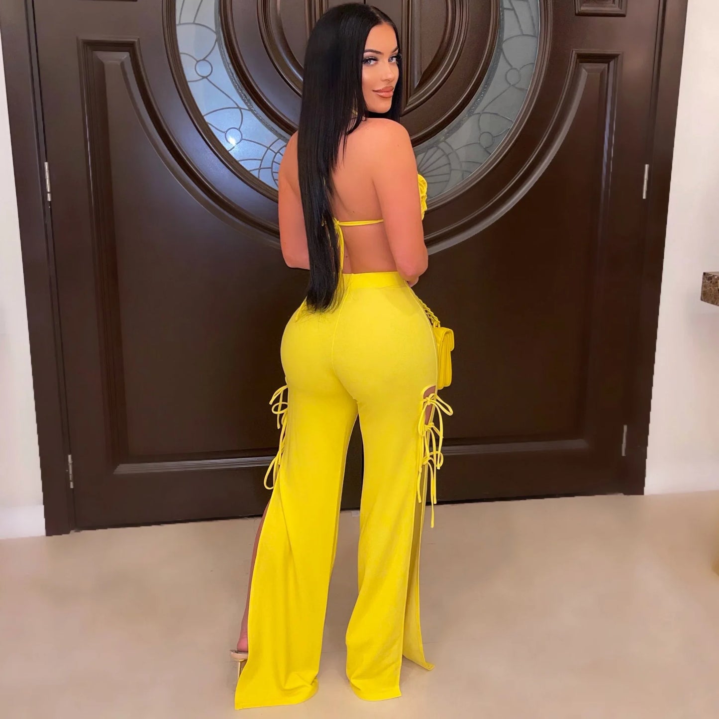2022 Summer Women 2 Piece Set Floral Bra Tops and High Side Split Lace Up Wide Leg Pants Set Sweatsuit Tracksuit Outfits