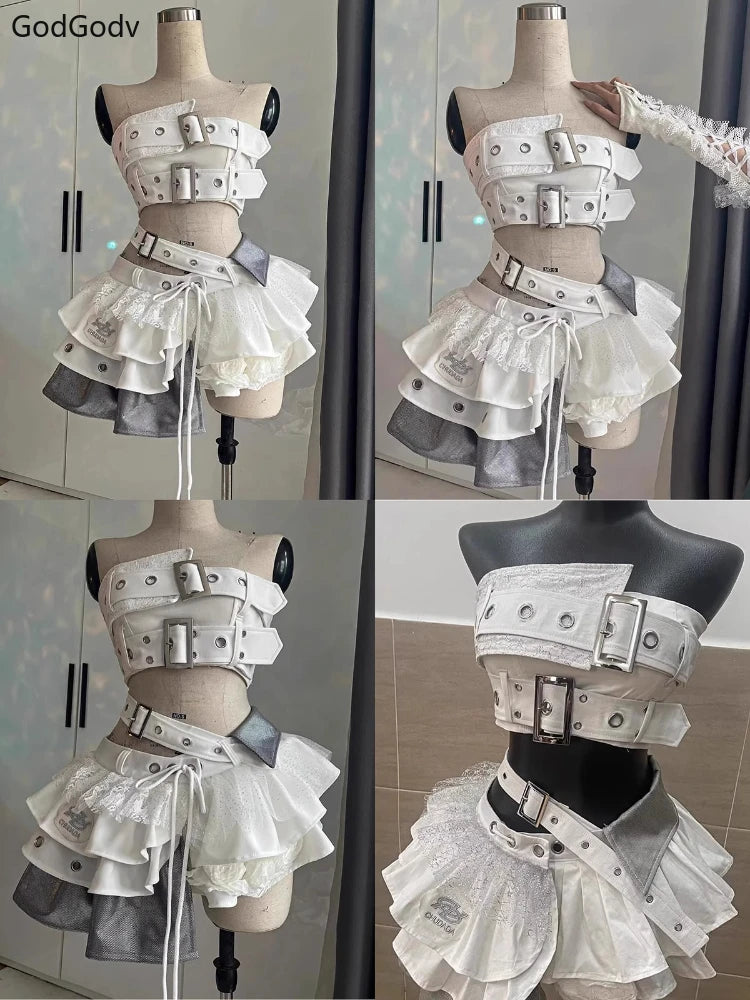 Punk Style Vintage Woman 2 Piece Sets Y2k Design Strapless Crop Tops + High Waist Ruffle Skirt Female Party Korea Style Outfits