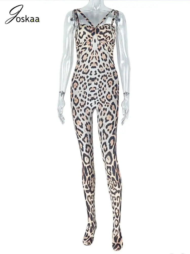 Joskaa Leopard Print Jumpsuits Women Hipster Sexy Spaghetti Strap Sleeveless Body-Shaping Rompers 2025 Party Clubwear Streetwear