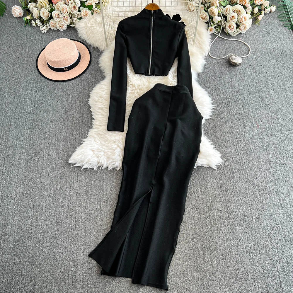 Faionable Diamond Embellied Wrap Skirt Set ort Top Long Dr Slimming High Collar Long Sve Zipper Two Piece Set