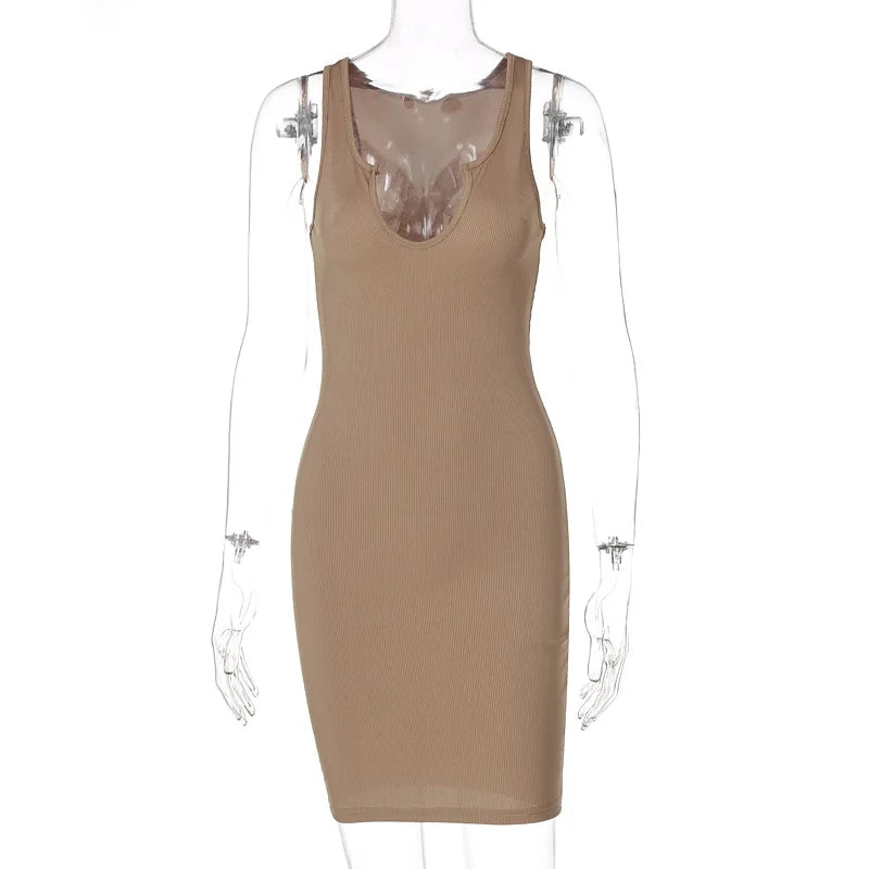 Sexy Deep U Neck Wrap Chest Slim Bodycon Dress Women Sleeveless Solid Color Skinny Dress Elegant Club Party Vestidos