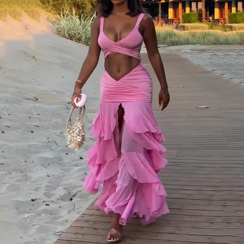 Wefads Women 2 Piece Set Summer Elegant Solid Sleeveless V Neck Hollow Out Backless Tank Top Layered Pleated Long Skirt Sets
