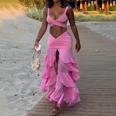 Wefads Women 2 Piece Set Summer Elegant Solid Sleeveless V Neck Hollow Out Backless Tank Top Layered Pleated Long Skirt Sets