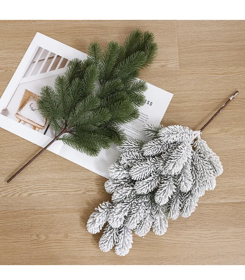 Artificial Pine Needles Branches Christmas Fake Snowy Pine Picks Twigs Winter Sprays Greenery Stems for Xmas Tree Garlands Decor