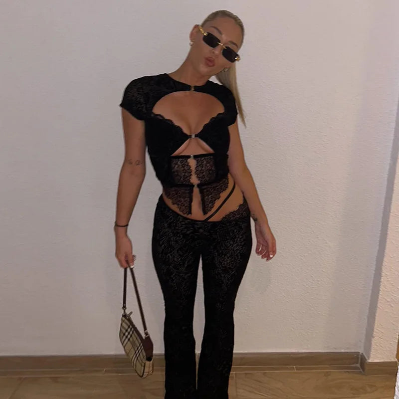 FAGADOER Sexy Lace See Through 2 Piece Sets Woman Outfit Hollow Out Crop Top + Flare Pants Female Y2K Streetwear Summer Spring