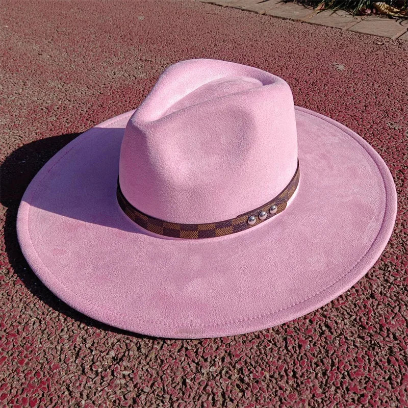 Fedora hat nubuck leather elastic webbing concave top wide brim hat for men and women autumn and winter hat  sombrero hombre