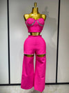 Women Sexy Strapless Top Cut Out Bodycon Two Pieces Bandage Pants Celebrity Designer Fashion Women Luxury Diamond Birthday Set