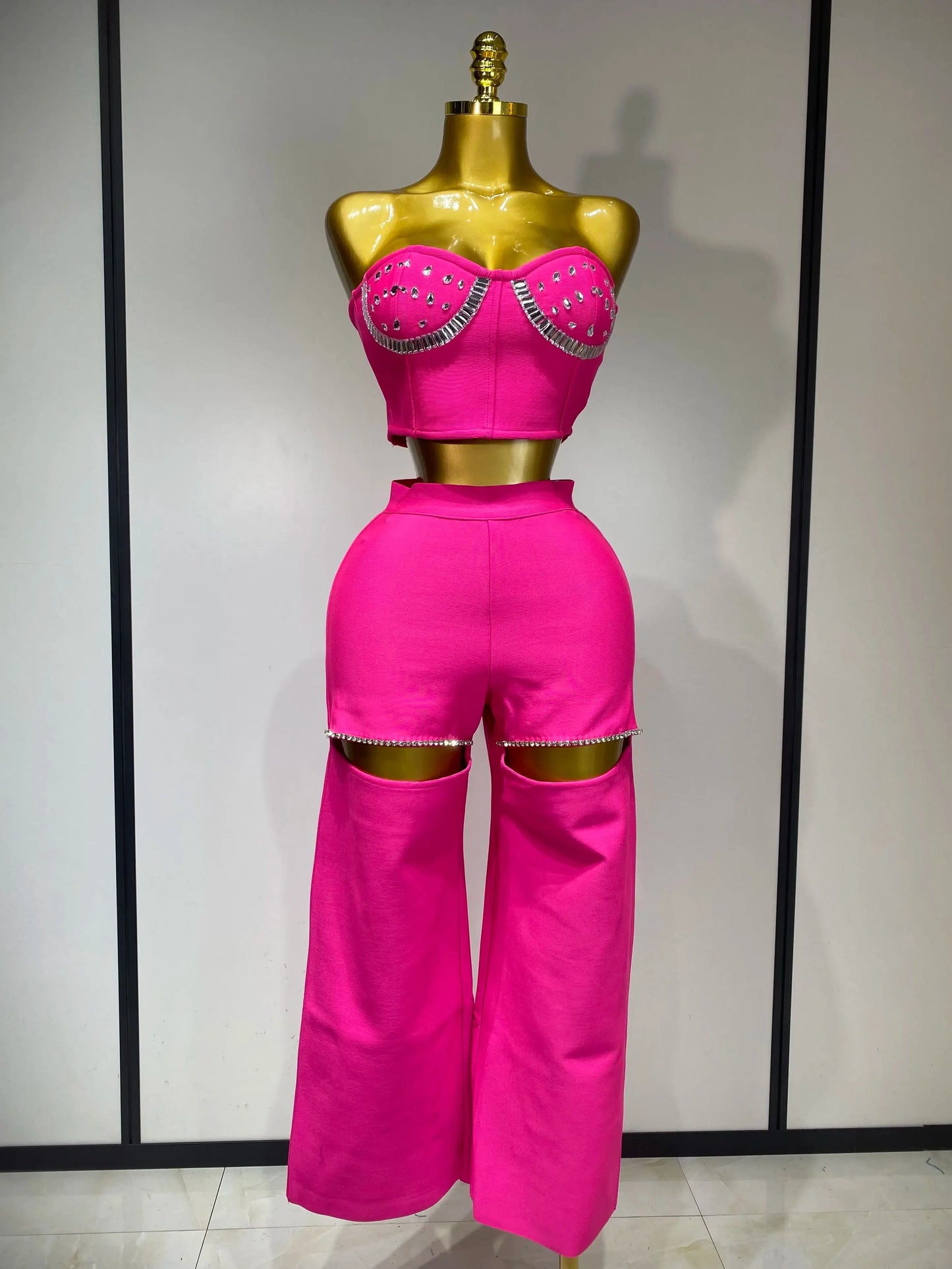 Women Sexy Strapless Top Cut Out Bodycon Two Pieces Bandage Pants Celebrity Designer Fashion Women Luxury Diamond Birthday Set