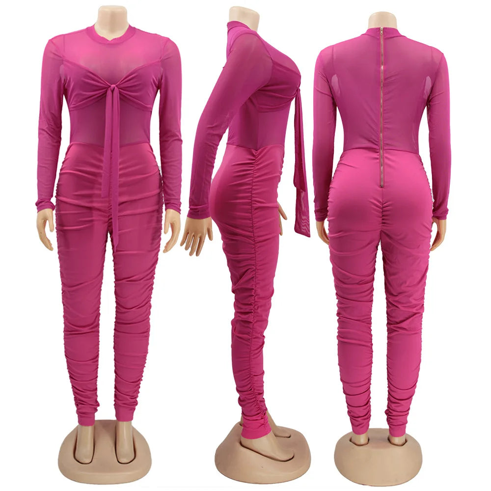 Sexy Mesh Patchwork Jumpsuits for Women Elegant Long Sleeve Bandage One Piece Party Long Bodysuit
