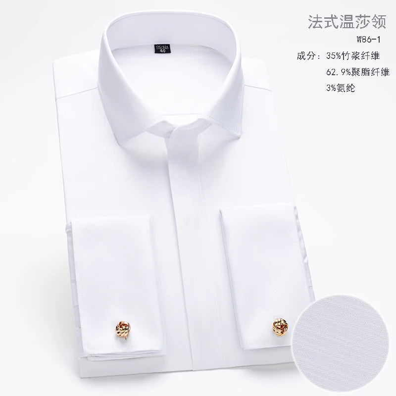 Men's French cufflink shirt with long sleeves slim fit concealed buttons solid color high end wedding dress formal men's