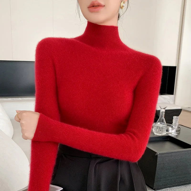 Women Turtleneck Basics Cashmere Sweater Autumn Winter Pullover 100% Merino Wool Knitwear Female Soft Slim Knitting New Top