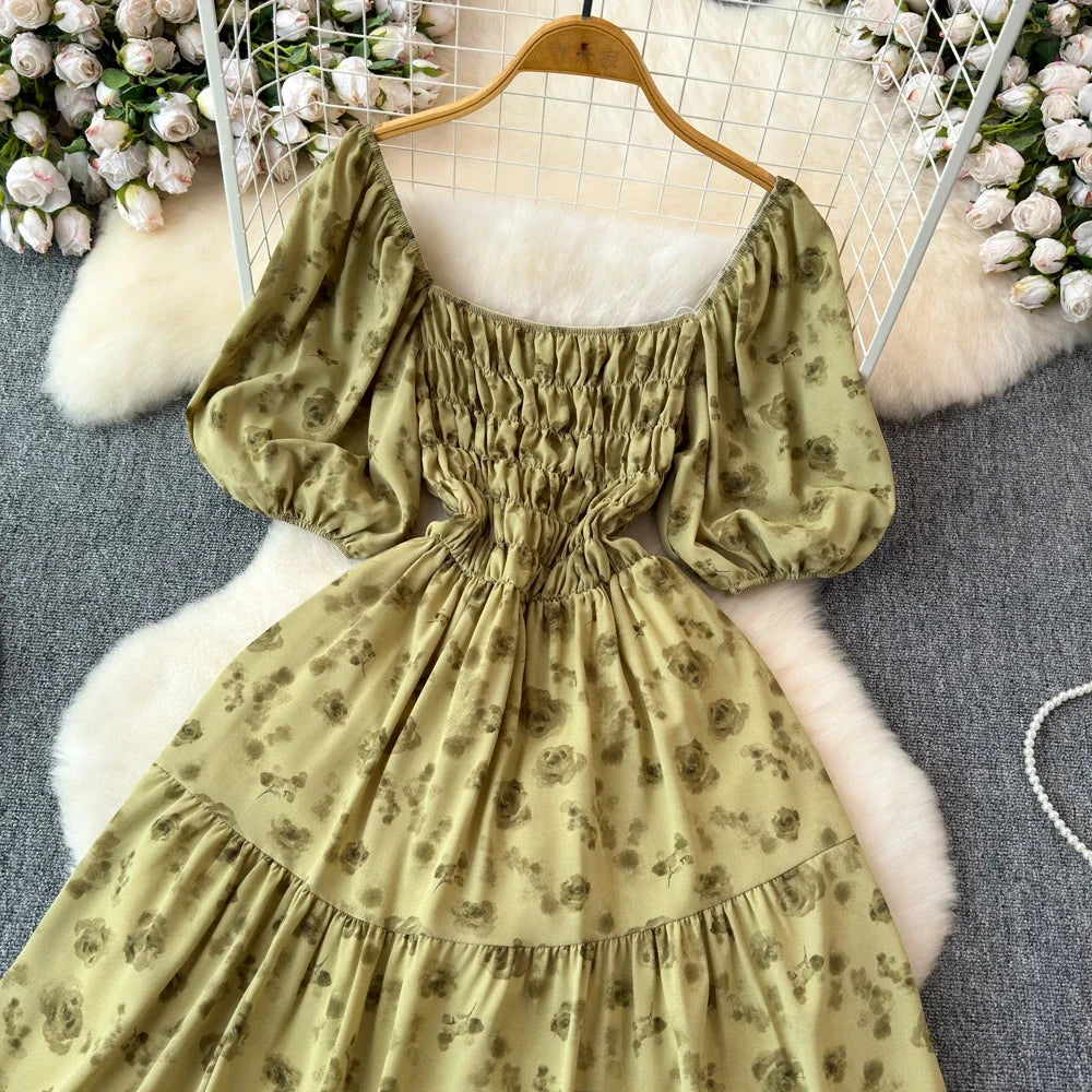 2024 New Summer Flower Print Long Dress Women Vintage Square Neck Ruched Chest Sash Bandage Sundress Party Vestidos