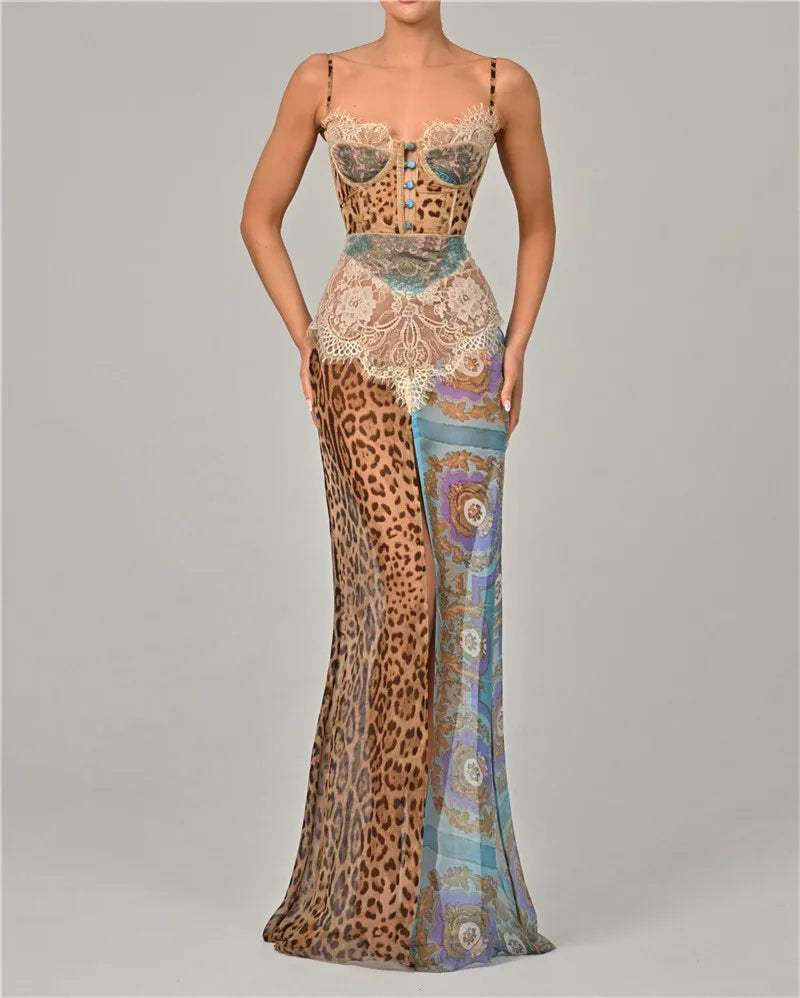 Mozision Leopard Print Lace Split Sexy Maxi Dress Women Gown Elegant Patchwork Chiffon Sleeveless Backless Beach Evening Dress
