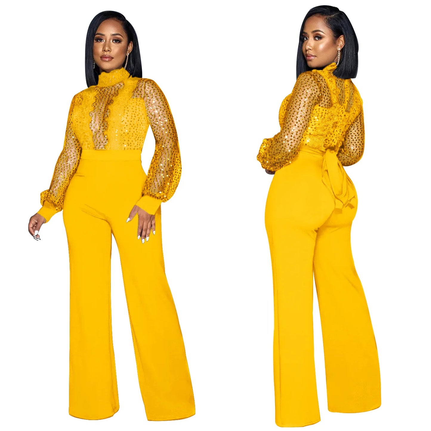 Fashion Women's Clothing Hollow Long-sleeved Loose Wide Leg Jumpsuits Overall Pants Solid Color Sexy Lace