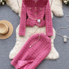 Modphy Autumn Fashion Rose Red Woolen Two Piece Set Women Golden Button Chain Belt Tweed Short Jacket Coat+Split Midi Skirt Suit