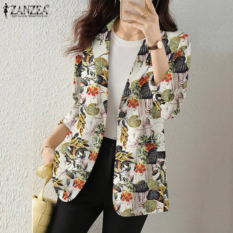 Women Autumn Blazer Retro Printed Coats Casual Long Sleeve Floral Outerwear ZANZEA Female Single Button Lapel Jackets Oversize
