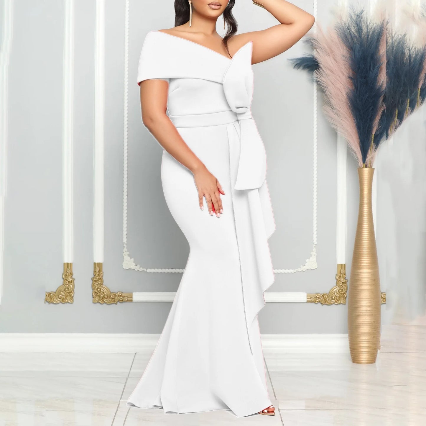Elegant Dresses for Women One Shoulder Sleeveless Ruffles Mermaid Floor Length Luxury Birthday Party Dinner Vestidos Mujer Dress