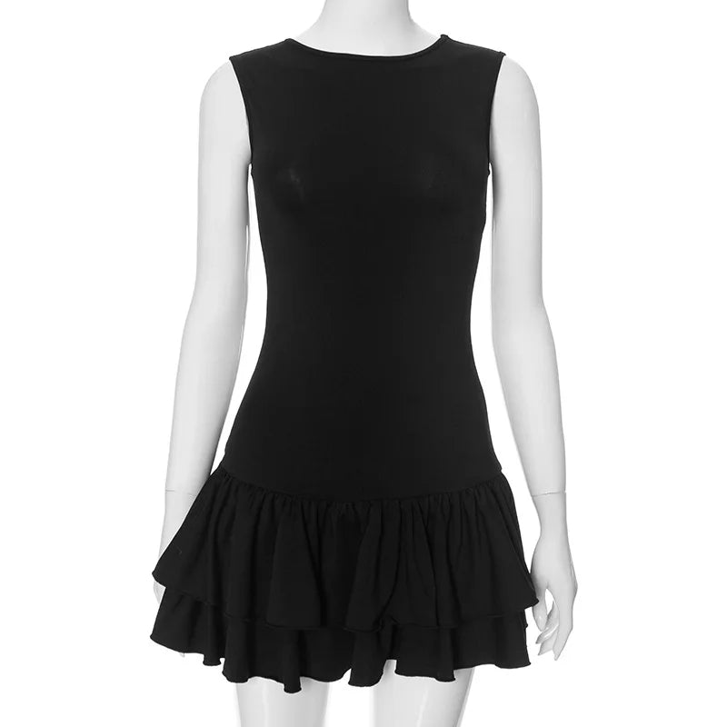 Women's Solid Pleated Short Dress Sleeveless O-neck Fashion Elegant Simple Mini Bodycon Dresses Slim Street Casual Party Holiday