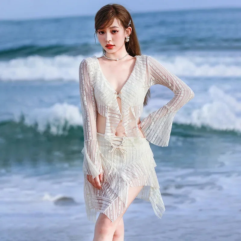 Bikini Sets Women Long Sleeve Irregular Three Pieces Lace-up Summer Sun-proof Vintage European Style Sexy Swimwear Beach Outfit