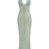 Sexy Halter Deep V Neck Sequins Maxi Dress Women Green Sleeveless Backless Sequined Slim Long Dresses Celebrity Party Gowns