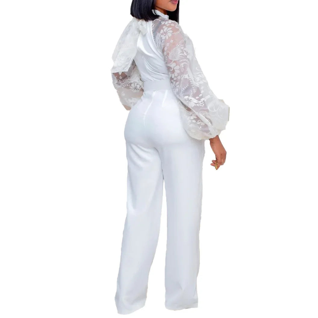 Mesh Jumpsuit Women White Overalls Party Lace Rompers New In Bodysuit One Piece Long Sleeve Summer Long Pants Y2k Spring Work