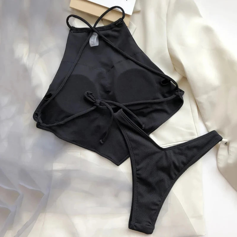 Sexy Halter Bandana Bikinis Set Swimwear Women Thong Swimsuits Backless Bathing Suit Bikini 2024 Mujer Swim Wear Biquini Summer