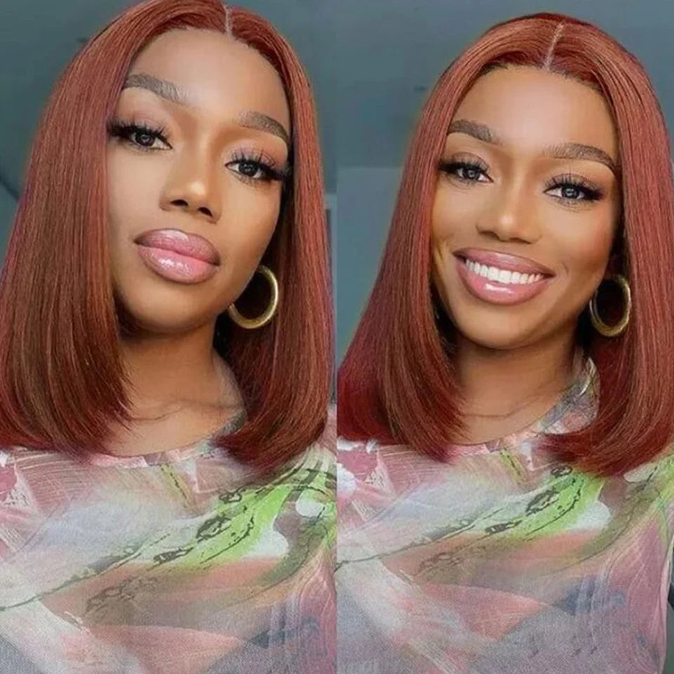 Short Brown Color Bob Wig Peruvian Straight Lace Front Human Hair Wigs For Women #33 Reddish Brown 13*6*1 T Lace Part Wig