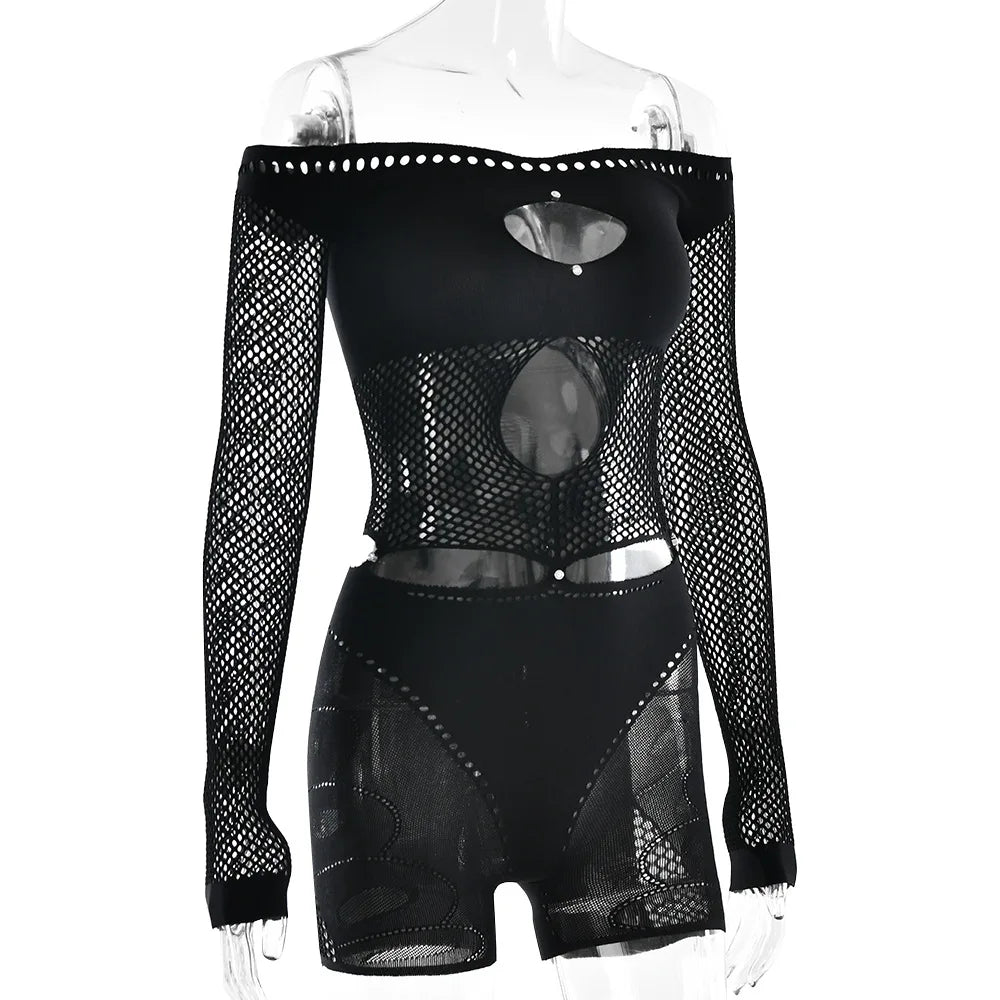 HLJ Sexy Hollow Out Rompers Women Off Shoulder See Through Long Sleeve Bodycon Playsuits Jumpsuits Female Party Clubwear New