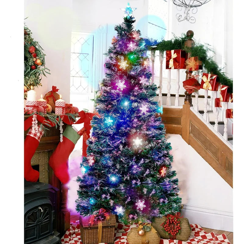 6 ft Pre-Lit Optical Fiber Christmas Artificial Tree, RGB Color Changing LED Lights, Snowflakes & Top Star, Fake Xmas Tree.