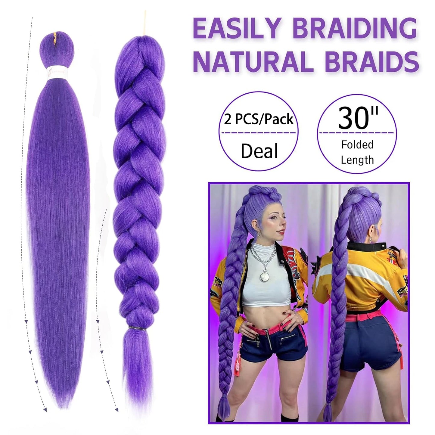 Purple Braiding Hair Pre Stretched Long Synthetic Braiding hair Extensions for Stage Party Halloween Costume Cosplay
