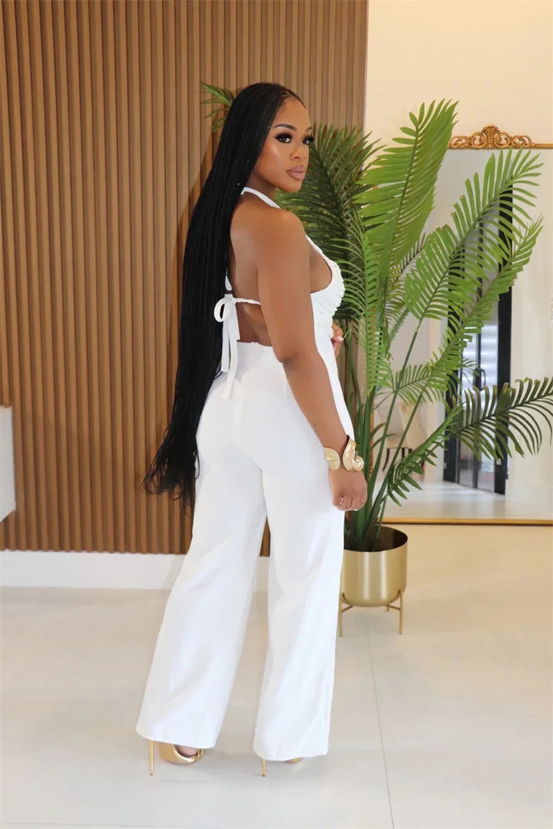 Sexy Halter Backless Jumpsuits Woman Elegant High Waist Flare Pants Sleeveless Beading Ruched Party Romper Birthday Club Outfits