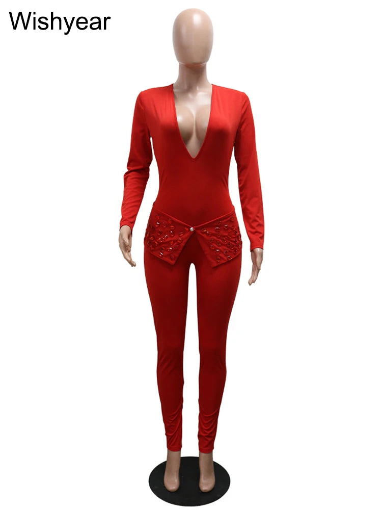 New Full Sleeve V-neck Skinny Pencil Pants Women Jumpsuits Rhinestone Birthday Rompers One Piece Night Club Evening Outfits 2025