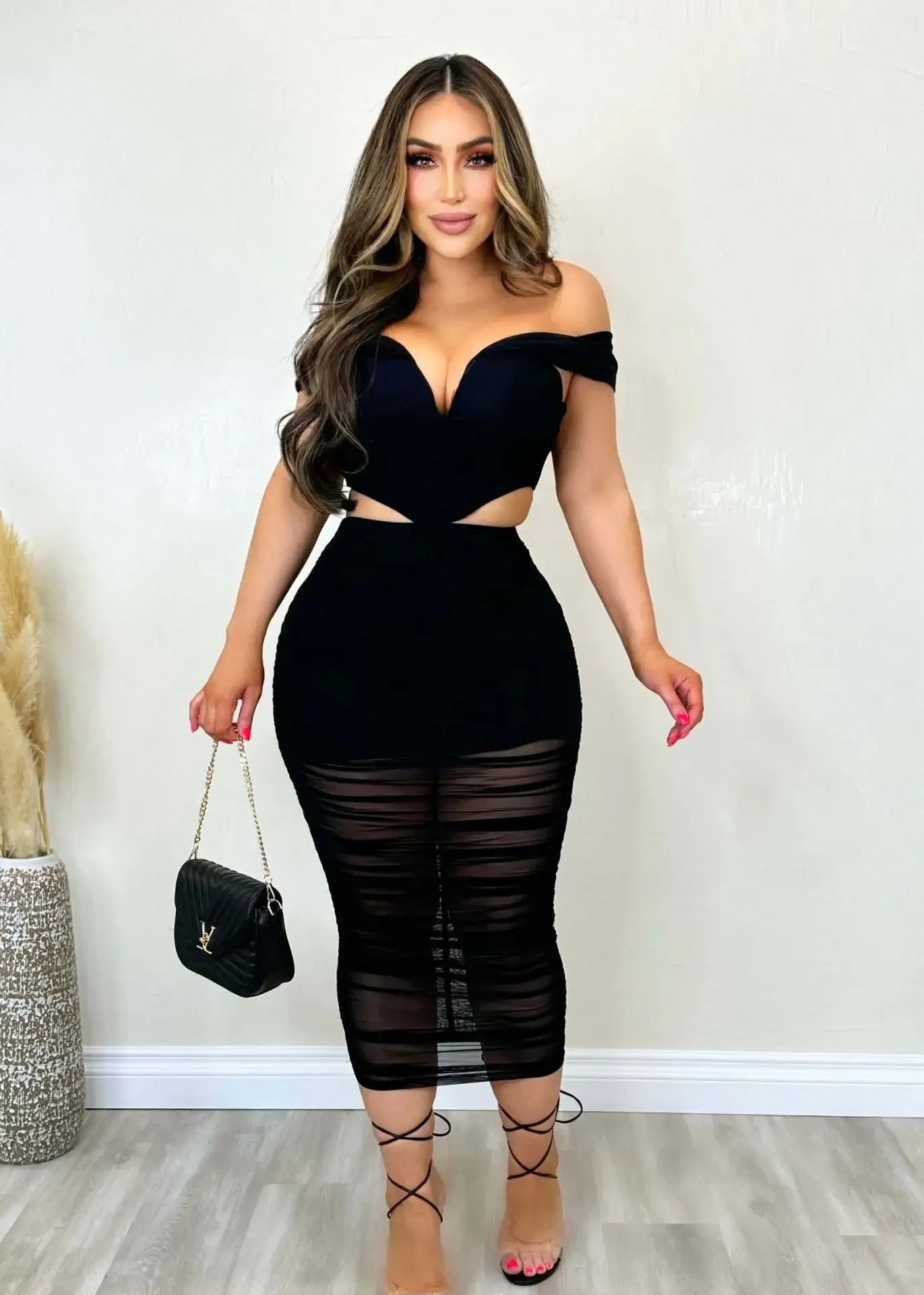S10632 Sexy Slimming Mesh Splice Bum Covering Visibility Elastic Off-Shoulder 2-Piece Set European And American Style