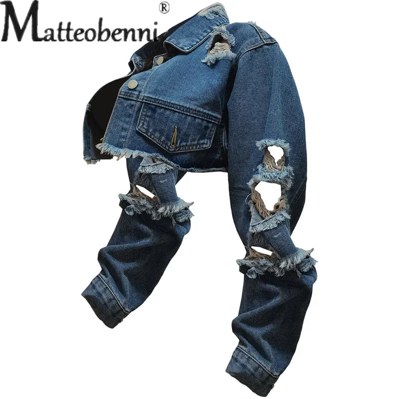 Fashion Broken Holes Long Sleeve Short Denim Jacket Ladies Trend Streetwear Casual Outerwear Women's Double Button Splicing Coat