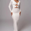 Mozision hollow out long sleeve sexy maxi dress for women fashion solid V neck back split bodycon club long dress elegant