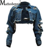 Fashion Broken Holes Long Sleeve Short Denim Jacket Ladies Trend Streetwear Casual Outerwear Women's Double Button Splicing Coat