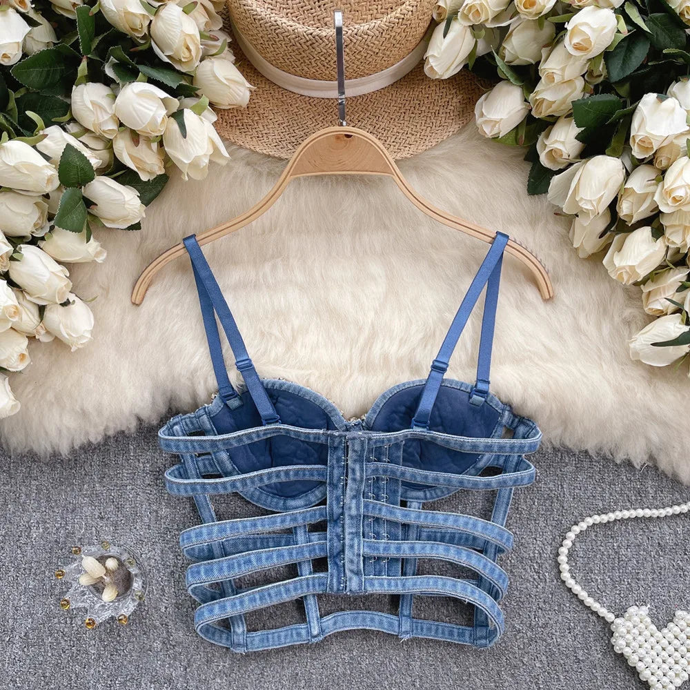 Streetwear Diamonds Denim Vest Female Bra Sleeveless Backless Sexy Summer Tank Tops For Women Camisole y2k Crop Top 2025