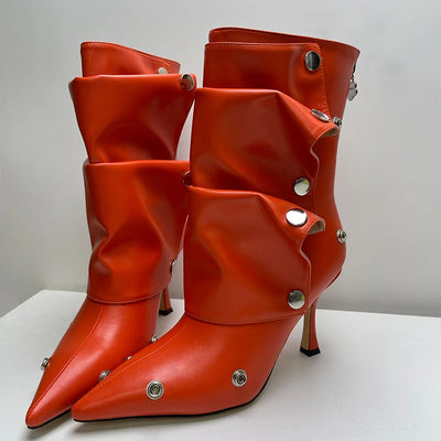 2025 Classics Women Pointed Toe Strange Heels Boots For Woman's Rivet Button Zipper-Sid Solid Color High Heels Shoes Botas Altas