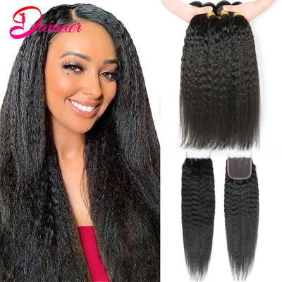 Kinky Straight Human Hair 3 Bundles With Closure Yaki Straight Hair Bundles With 4x4 Closure Human Hair Bundles With Closure