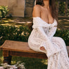 Mozision Floral Lace Off-shoulder Maxi Dress For Women White Strapless Backless Long Sleeve Bodycon Club Party Sexy Long Dress
