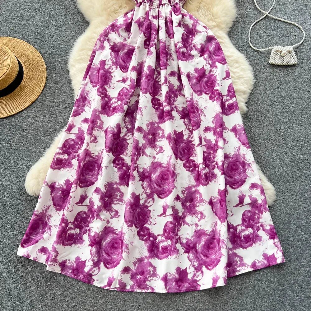 2024 New Summer Korean Fashion Rose Flower Print Romantic Retro Party Dress Elastic High Waist Vacation Long Dress Beach Vestido