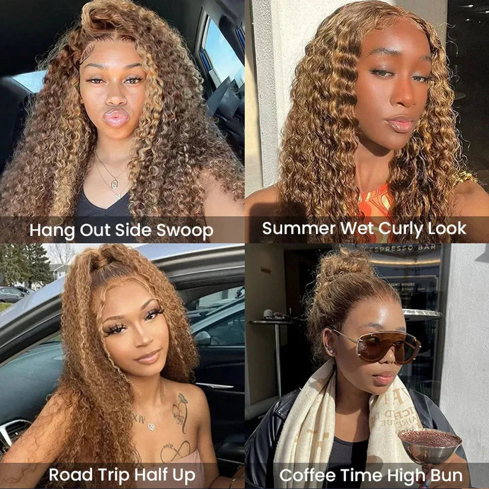 Water Wave 30 Inch Invisible Strap 360 Full Lace Front Wig Honey Blonde Highlight Deep Wave Frontal Wig Glueless Wig Human Hair