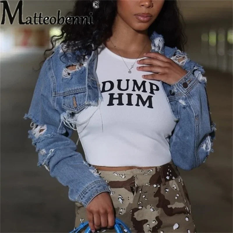 Fashion Broken Holes Long Sleeve Short Denim Jacket Ladies Trend Streetwear Casual Outerwear Women's Double Button Splicing Coat